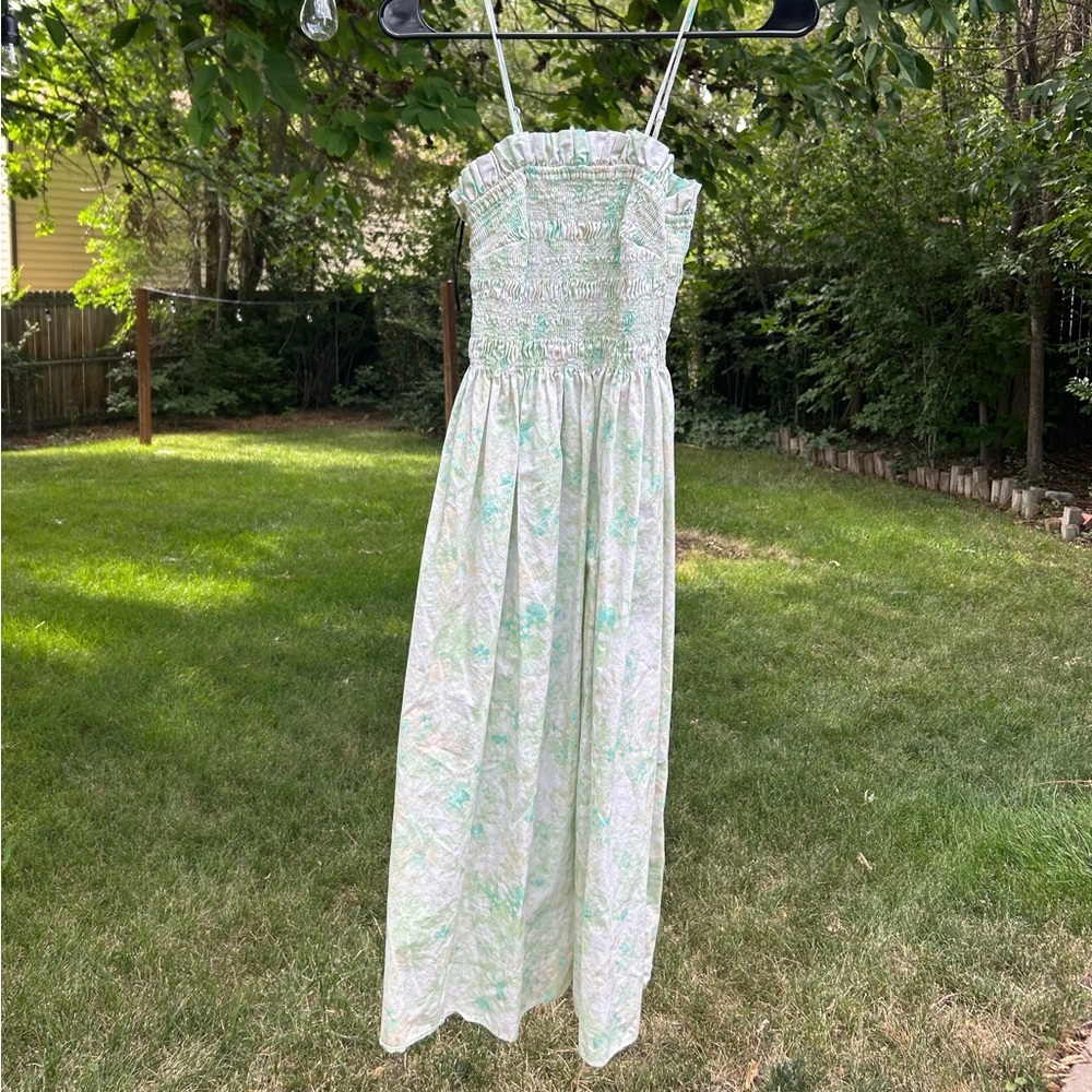 H&M Floral Scrunch Green, White, Light Blue Midi Dress